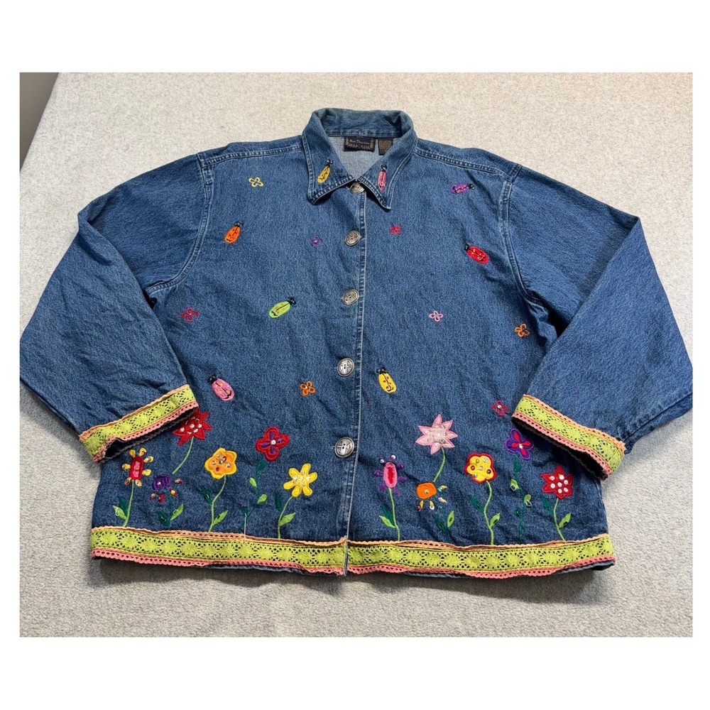 New Direction Denim Jacket Womens XL Blue Floral Ladybug Embroidered Lace Trim